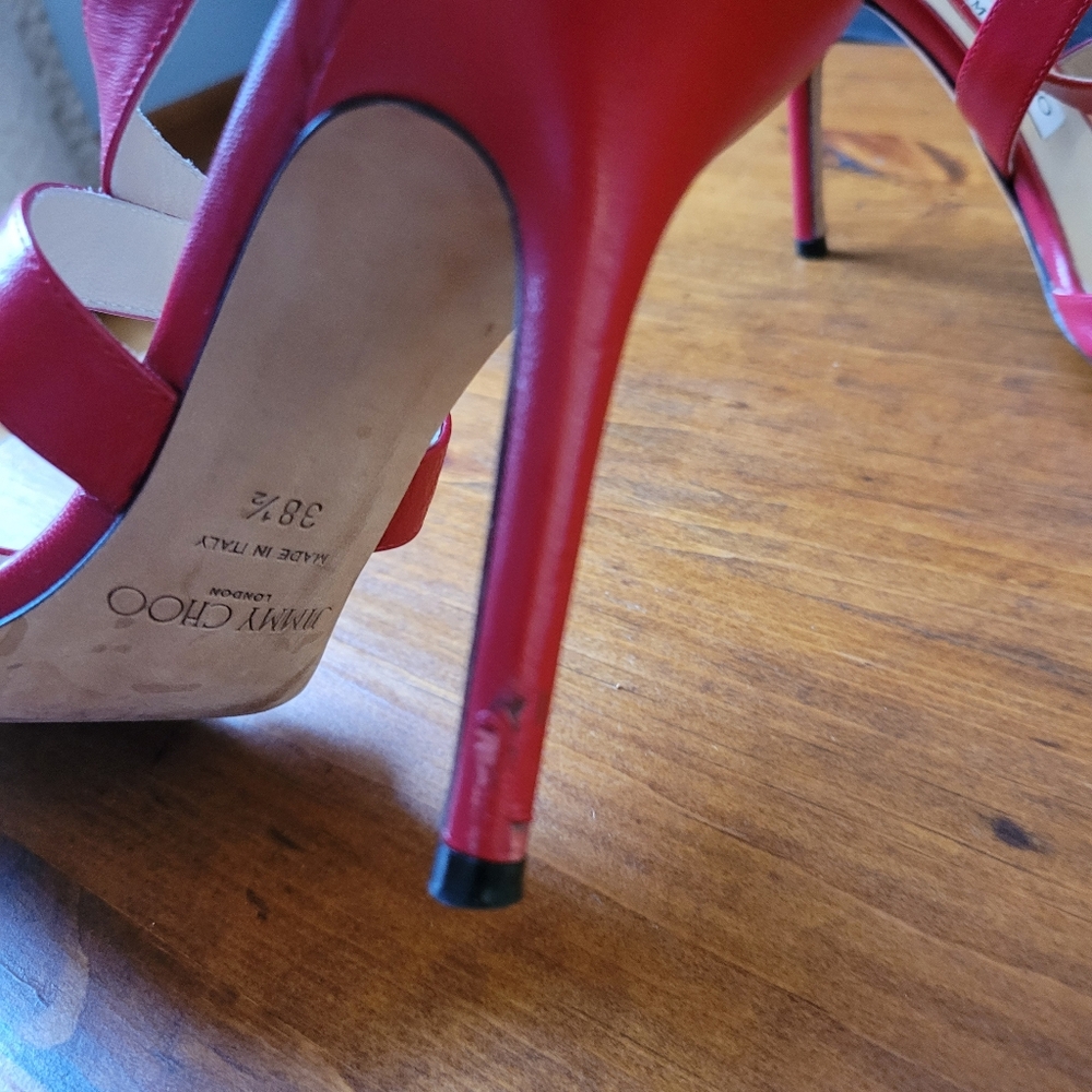 Jimmy Choo Red Leather Lottie Sandal Heels Size 38.5 Or US 8 - Picture 7 of 11